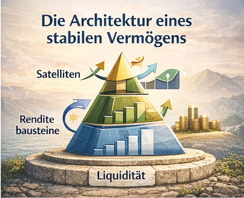 Grafik zur Architektur eines stabilen Vermögens mit Liquidität, Renditebausteinen und Satelliten