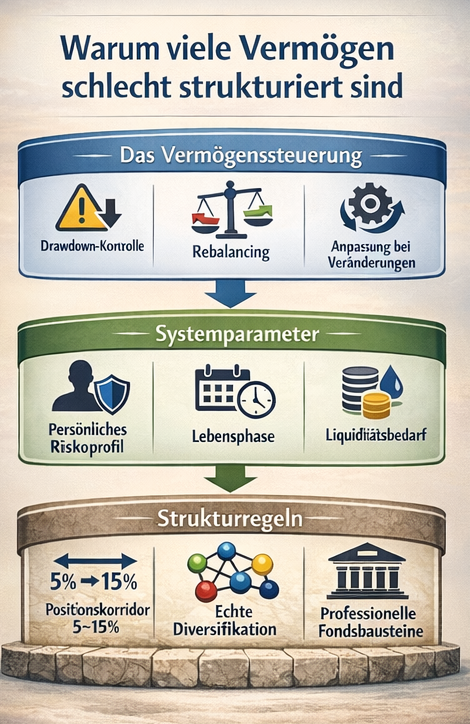 Grafik zum Vermögenssteuerungs-System mit Steuerung, Systemparametern und Strukturregeln